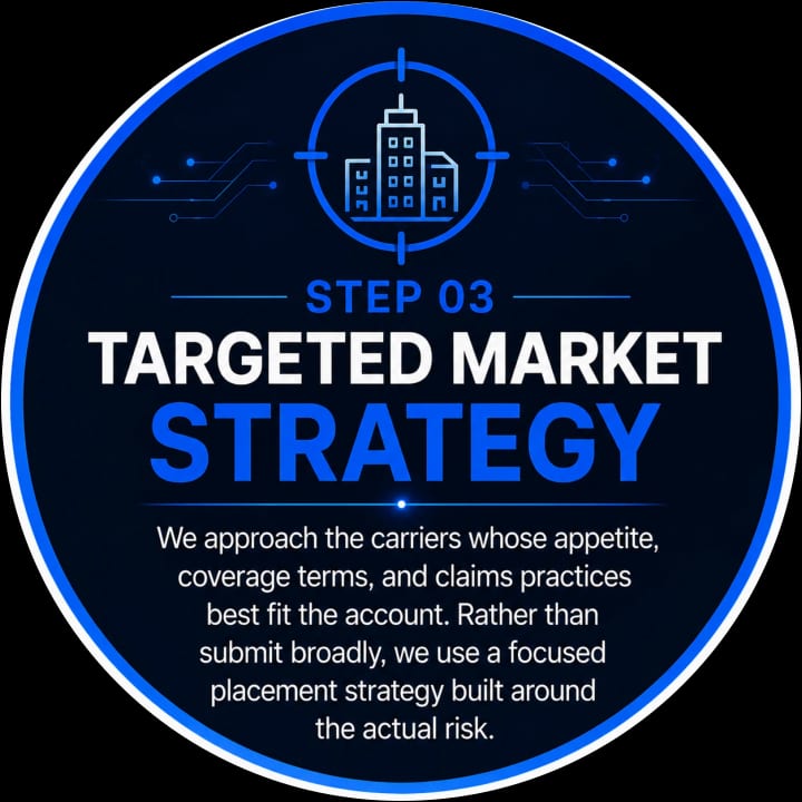 Step 03 Targeted Market Strategy: We approach the carriers whose appetite, coverage terms, and claims practices best fit the account. Rather than submit broadly, we use a focused placement strategy built around the actual risk.