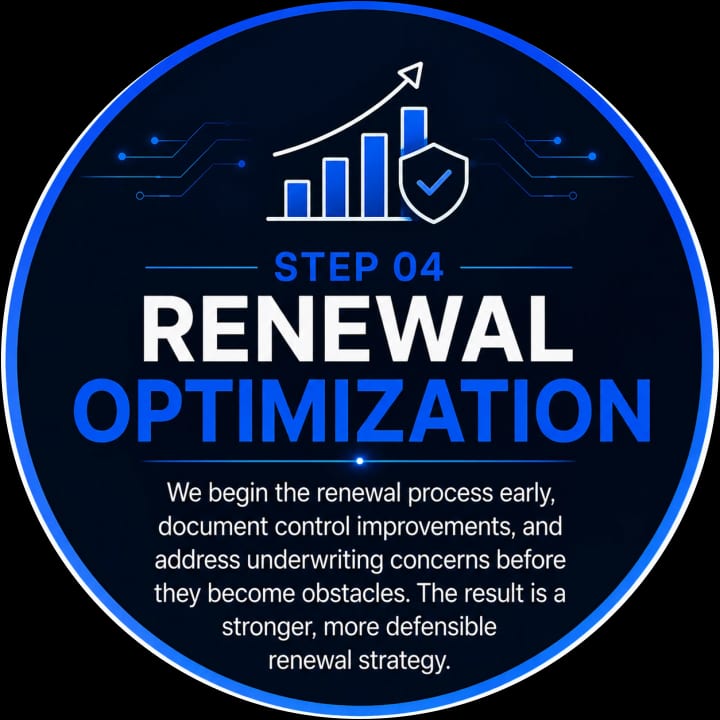 Step 04 Renewal Optimization: We begin the renewal process early, document control improvements, and address underwriting concerns before they become obstacles. The result is a stronger, more defensible renewal strategy.