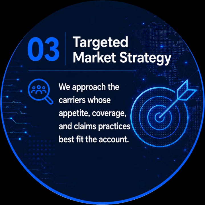 03 Targeted Market Strategy: We approach the carriers whose appetite, coverage, and claims practices best fit the account.